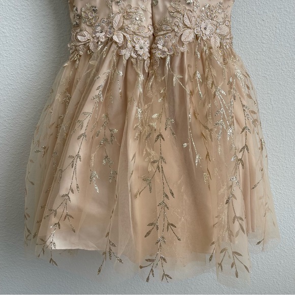 DANCING QUEEN Gold Beige Floral Glitter Tinker Bell Fairy Princess Tulle Dress - Picture 10 of 13